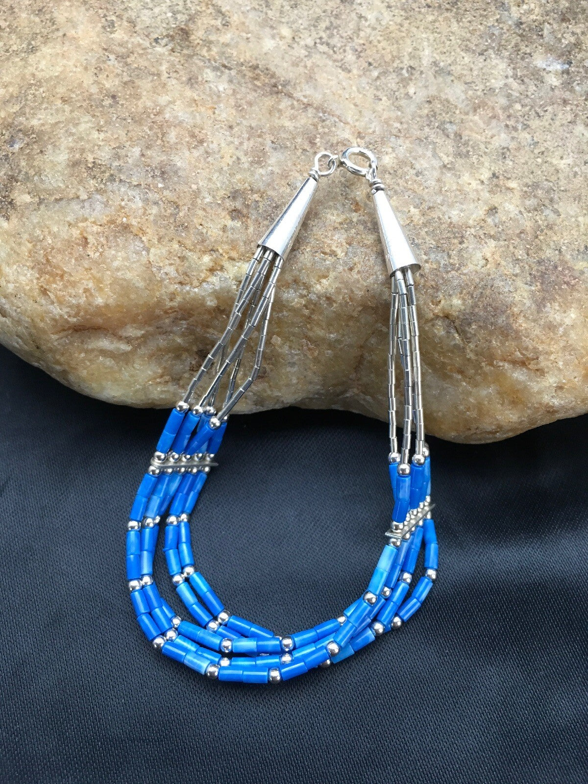 Blue Lapis Heishi 5 Strand Southwestern Liquid Sterling Silver Bracelet 7" 02935