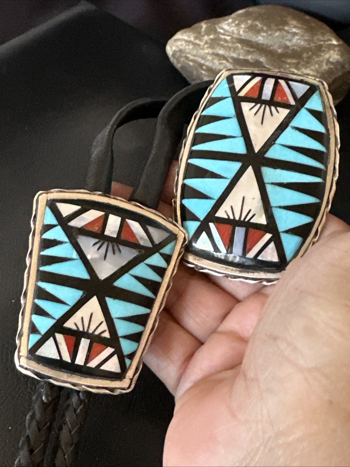 Zuni  Mens BoloTie Belt Buckle Ranger Set Turquoise Coral Sterling Silver 19155