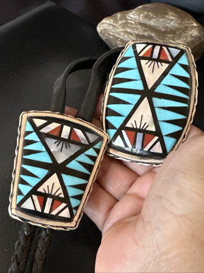 Zuni  Mens BoloTie Belt Buckle Ranger Set Turquoise Coral Sterling Silver 19155