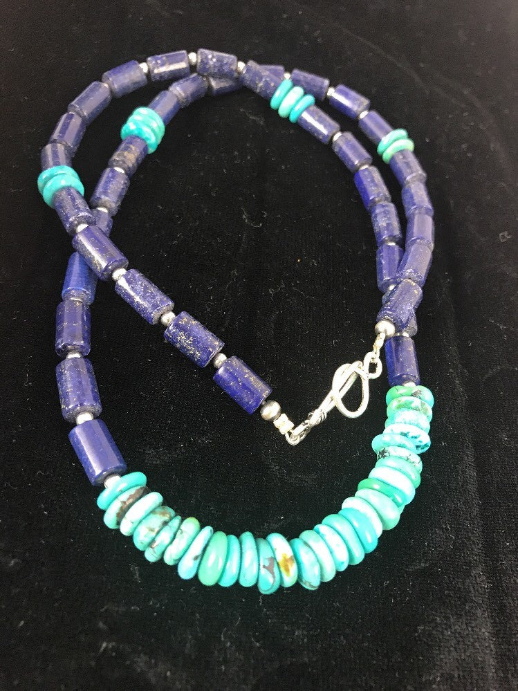 Blue Turquoise & Lapis Navajo Pearls Sterling Silver Necklace 23" 3245