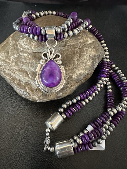 Navajo Sterling Silver 3 Strand Purple Stone Necklace Pendant 22” 19304