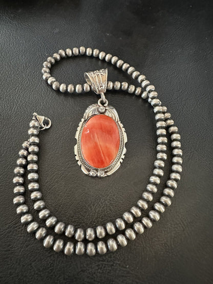 WoMens Red Spiny Oyster Pendant Navajo Sterling Silver Necklace 18365