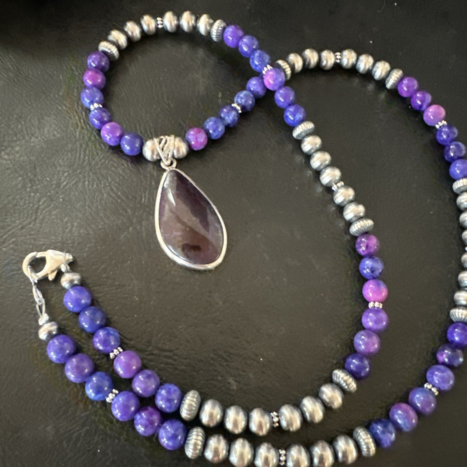 Purple Stone Pendant Navajo Pearls Sterling Silver Necklace 23" 17893