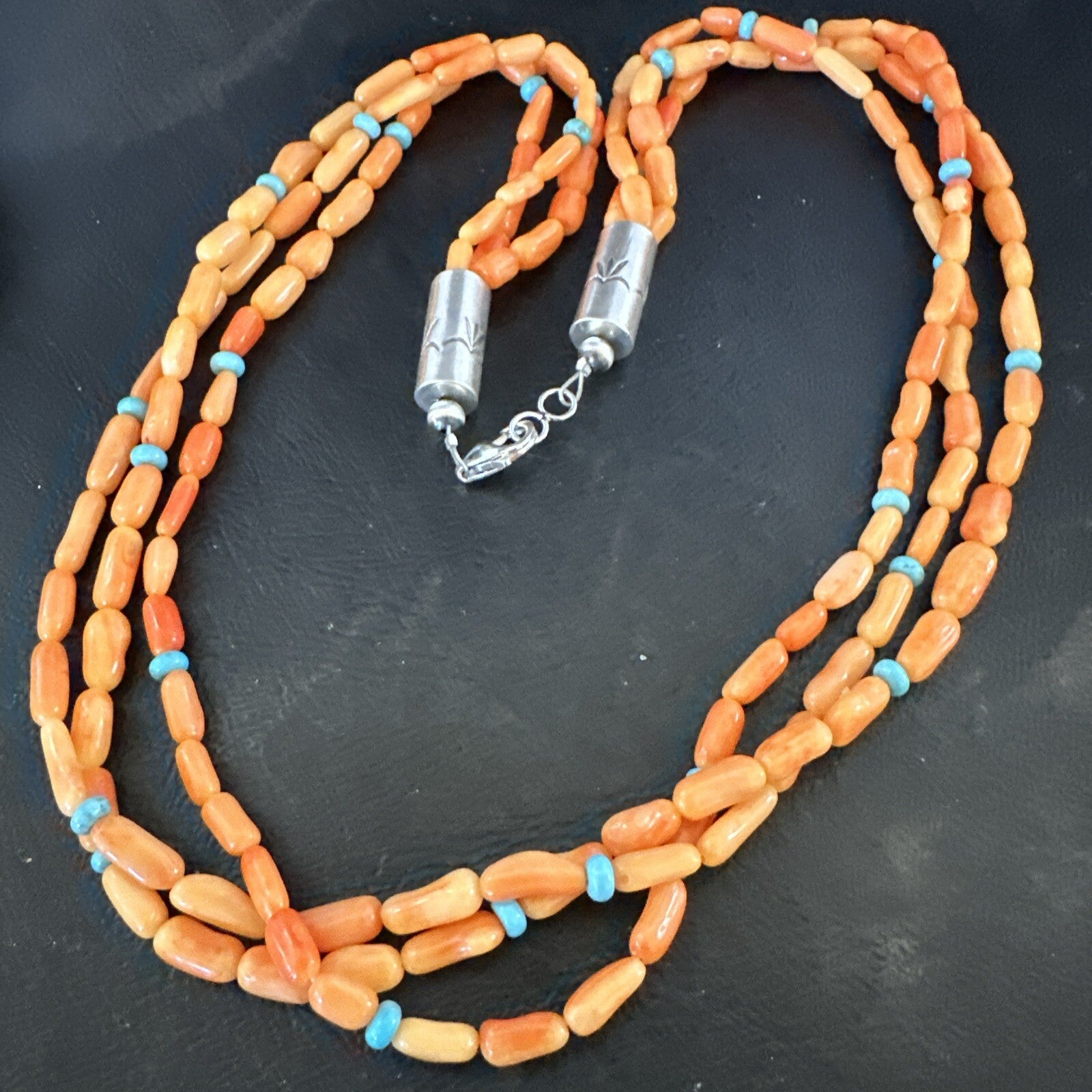 Native Turquoise Orange Coral Sterling Silver 3 Strand Necklace 21" 17818