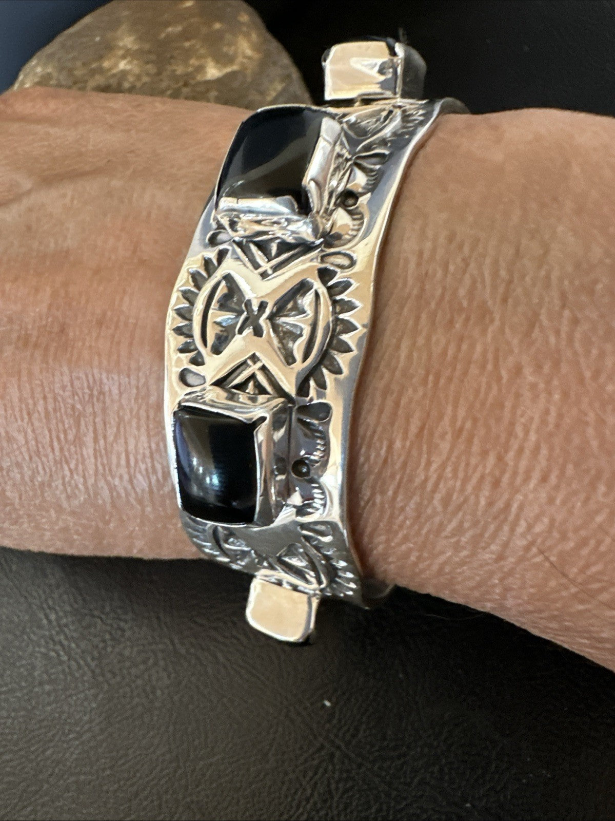 Mens Womens Navajo Sterling Silver Black Onyx Cluster Cuff Bracelet 7.5" 19432