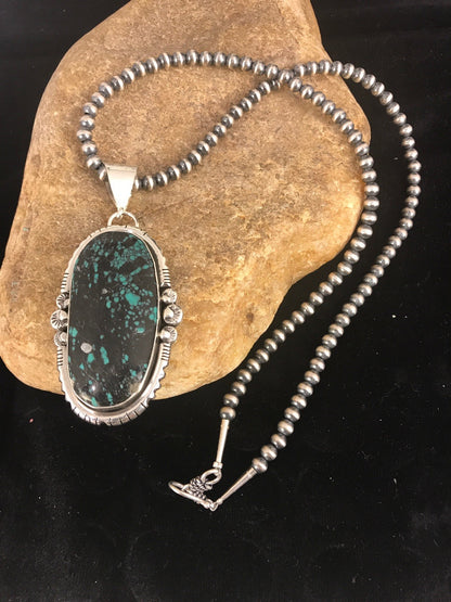 Green SpiderWeb Turquoise Pendant Navajo Pearls Sterling Silver Necklace 1329
