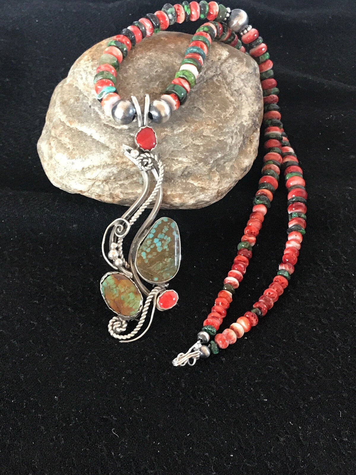 Turquoise #8 & Spiny Oyster Pendant Navajo Sterling Silver Beads Necklace 08646