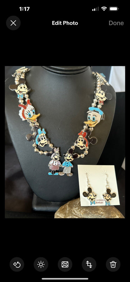 MICKEY MOUSE ZUNI TURQUOISE STERLING SILVER SQUASH BLOSSOM EARRINGS 17784
