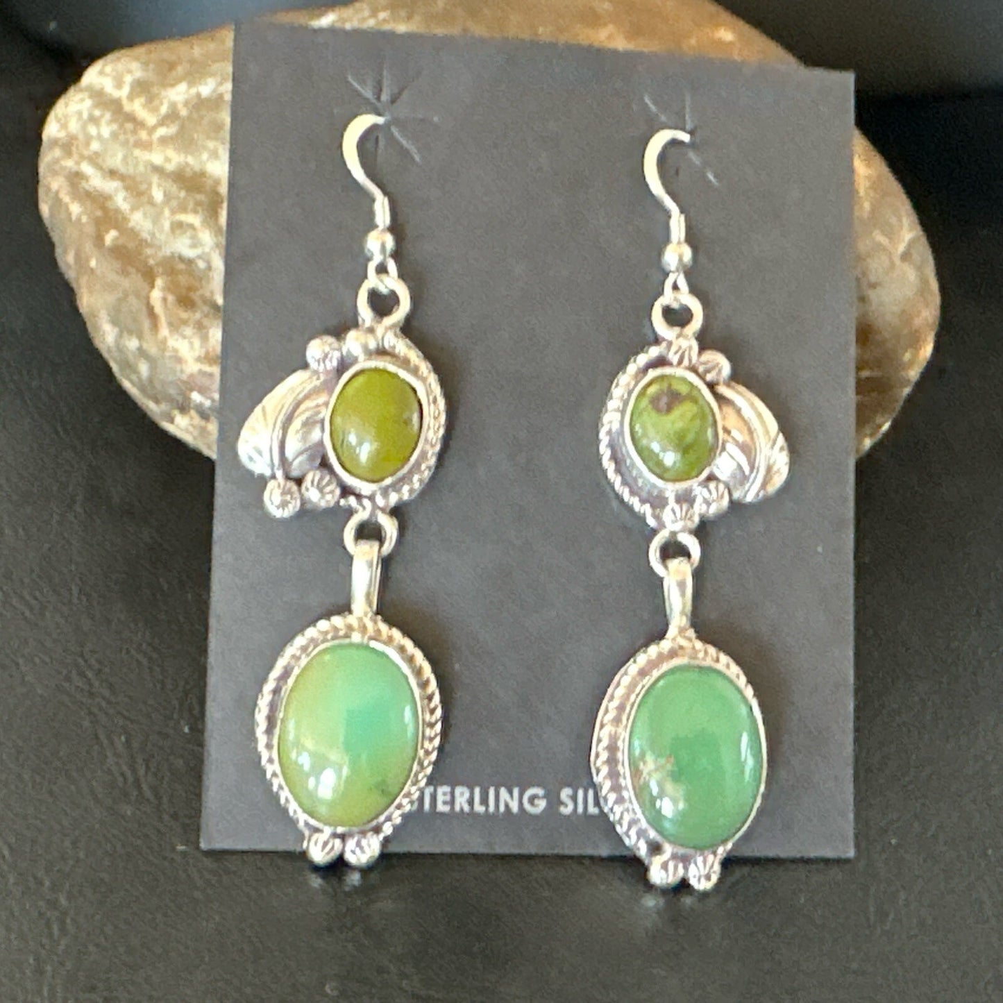 Native Navajo Green Turquoise Sterling Silver Dangle Earrings 2” 17694