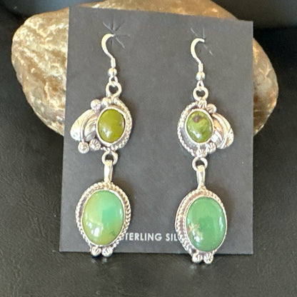 Native Navajo Green Turquoise Sterling Silver Dangle Earrings 2” 17694