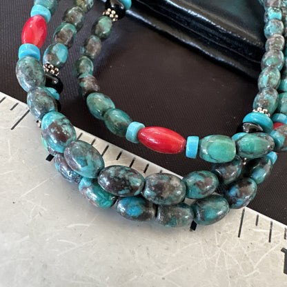 Mens Blue Spiderweb Turquoise Tube 3S Navajo Sterling Silver Necklace 30” 17886