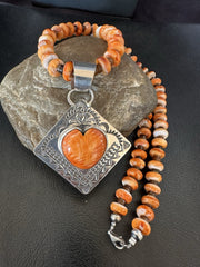 H Joe Orange Spiny Oyster Heart Pendant Navajo Necklace | Sterling Silver | Authentic Native American Handmade | 19480
