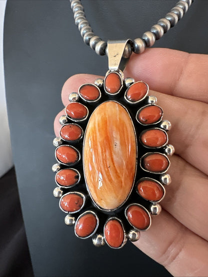 Red Coral Orange Spiny Navajo Sterling Silver Cluster Pendant Necklace 19565