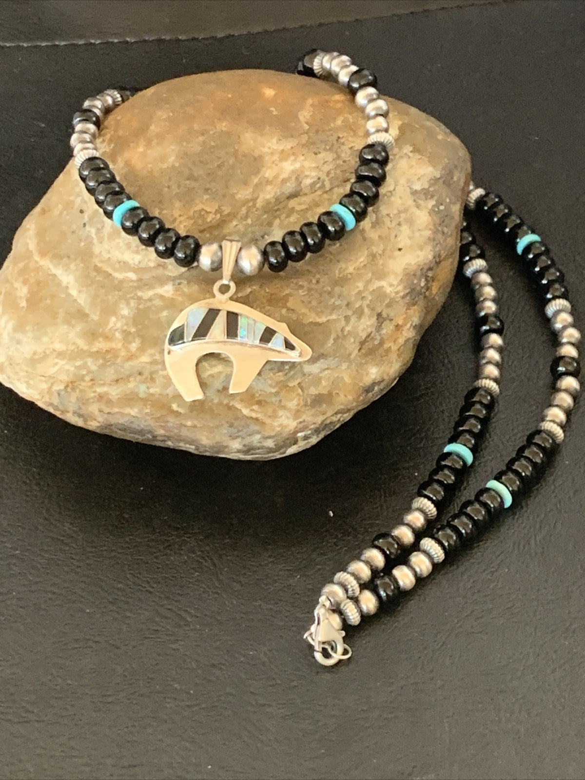 Turquoise Opal Inlay Pendant Black Onyx Navajo Sterling Silver Necklace 12698