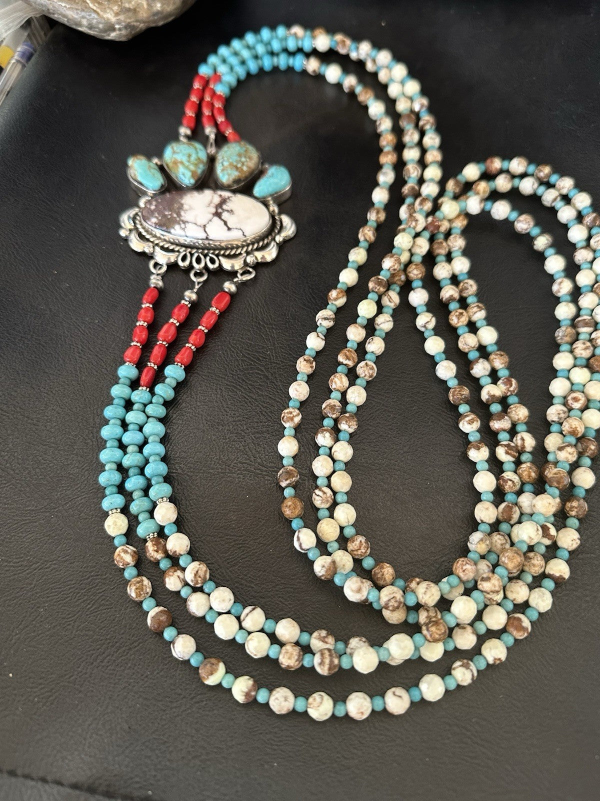 XL Statement Wild Horse Turquoise#8 Navajo 3S Sterling Silver Necklace 34” 19674