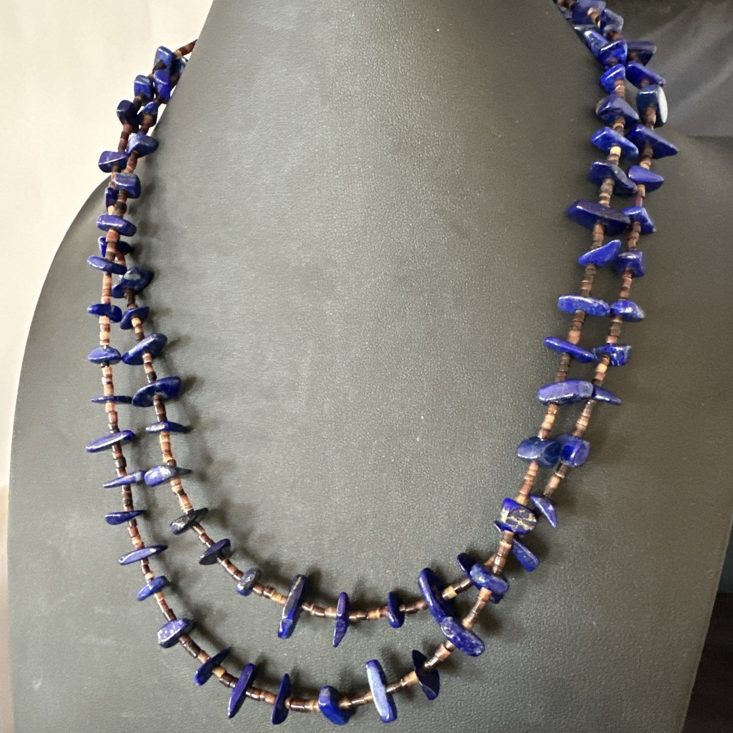 Blue Lapis Lazuli Shell Multi Strand Navajo Sterling Silver Necklace 21" 19722