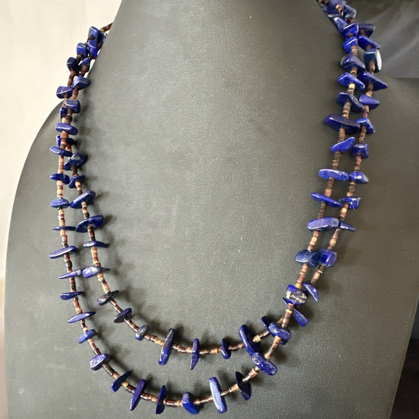 Blue Lapis Lazuli Shell Multi Strand Navajo Necklace 21" | Sterling Silver | Authentic Native American Handmade | 19722
