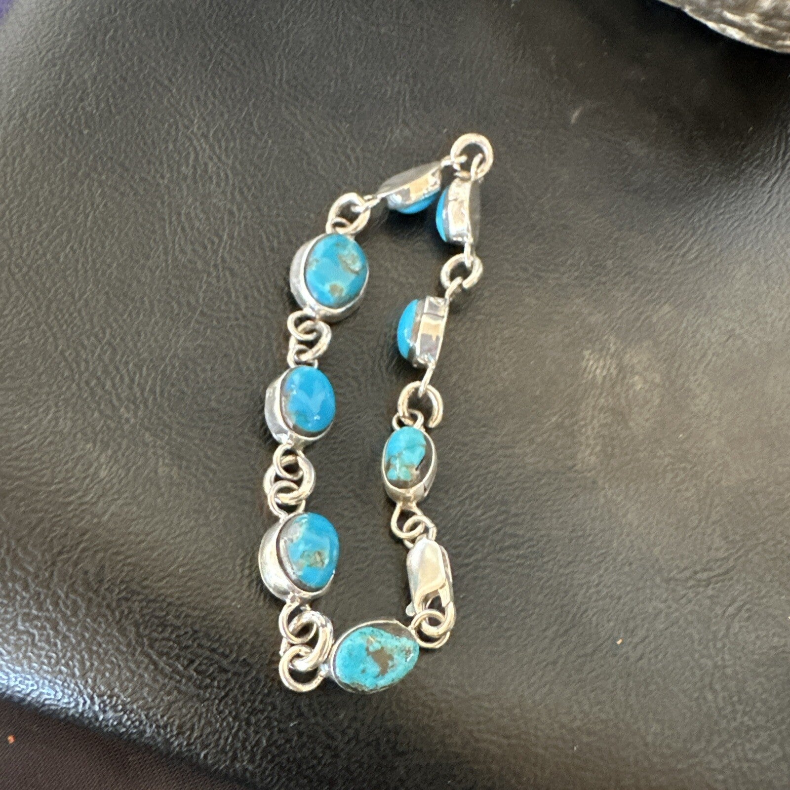 Blue Kingman Turquoise Navajo Sterling Silver Link Bracelet 8” 18301