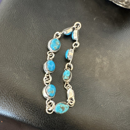 Blue Kingman Turquoise Navajo Sterling Silver Link Bracelet 8” 18301