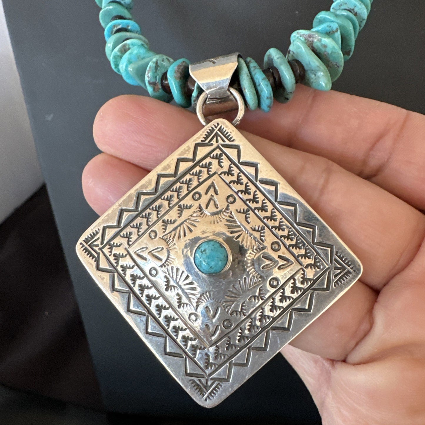Navajo Blue Turquoise Stamped Pendant Shell Sterling Silver 25” Necklace 19706