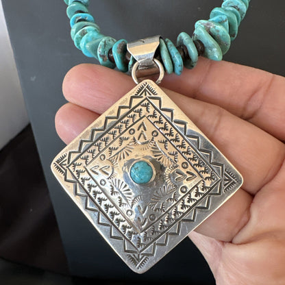 Navajo Blue Turquoise Stamped Pendant Shell Sterling Silver 25” Necklace 19706