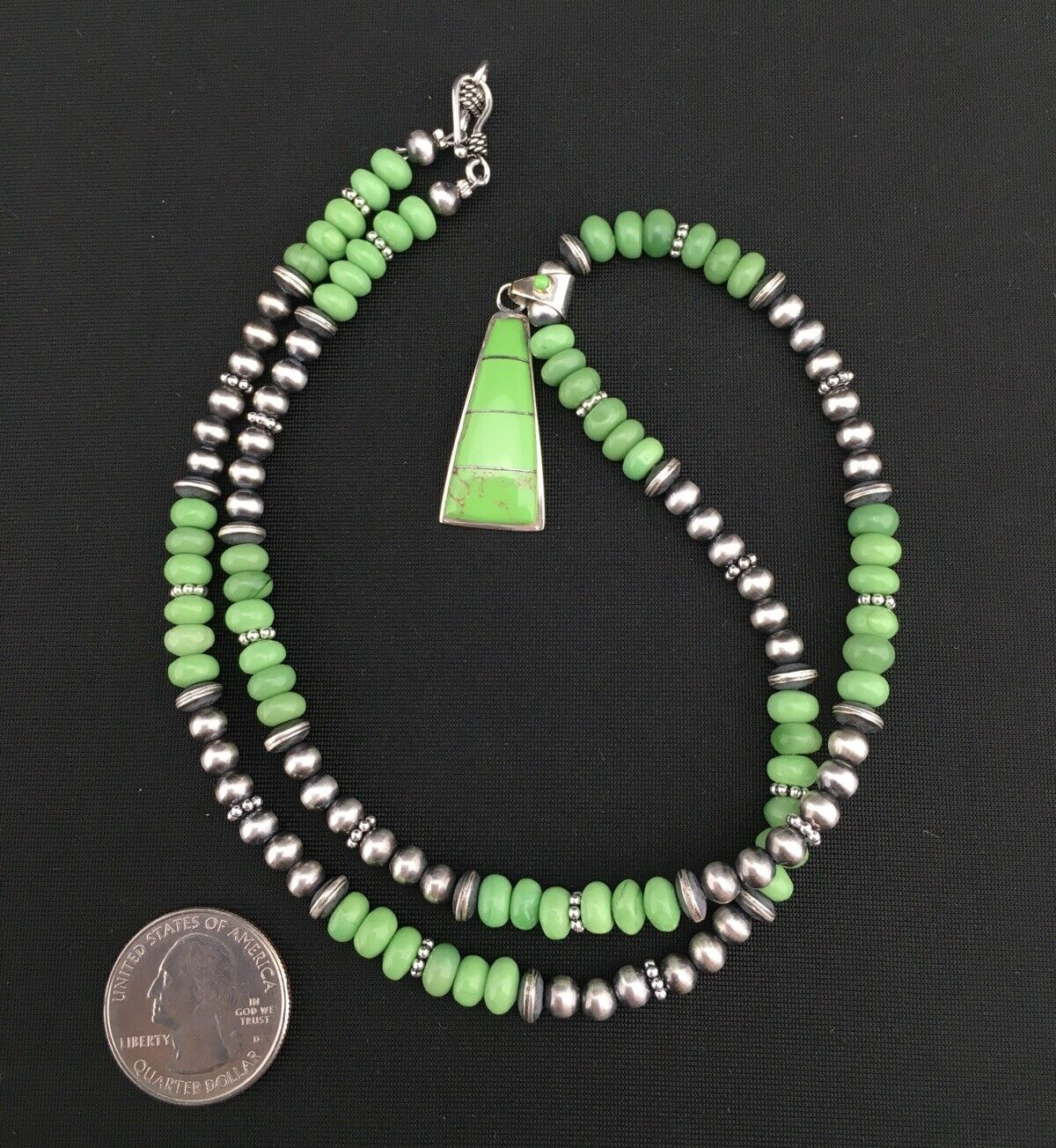 Green Gaspeite Pendant Navajo Pearls Sterling Silver Necklace 22" 01285