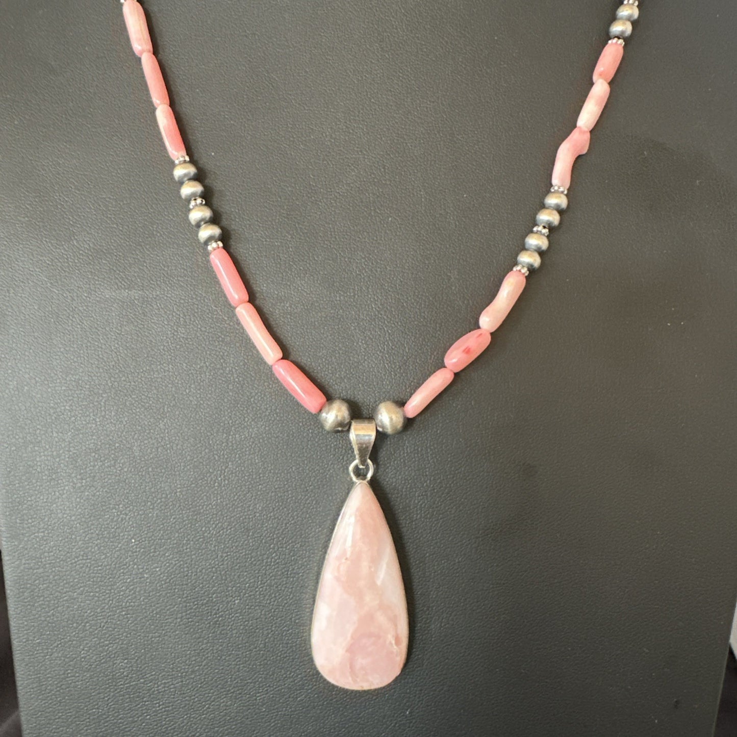 Southwestern Sterling Silver Pink Coral Bead Necklace Quartz Pendant 24" 19589