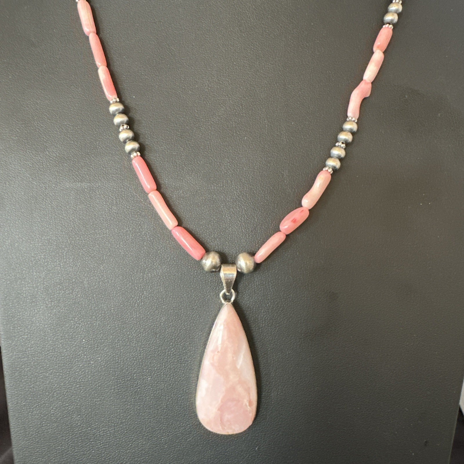 Southwestern Sterling Silver Pink Coral Bead Necklace Quartz Pendant 24" 19589
