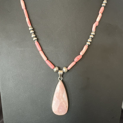 Southwestern Sterling Silver Pink Coral Bead Necklace Quartz Pendant 24" 19589