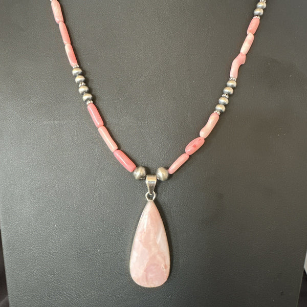 Southwestern Pink Coral Bead Necklace Quartz Pendant 24" | Sterling Silver | Authentic Native American Handmade | 19589