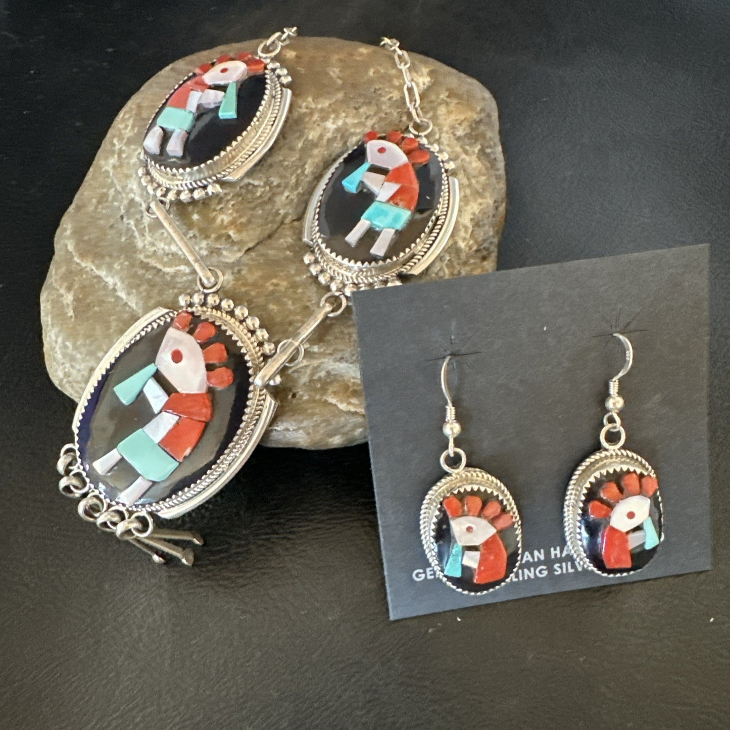 Kokopelli Turquoise Coral Zuni Inlay Sterling Silver Necklace Earrings 19078 Set