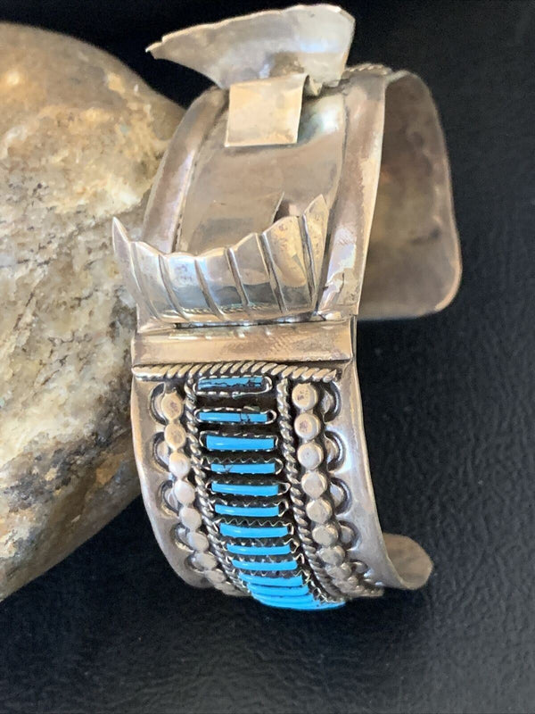 Men's Blue Turquoise Zuni Inlay Cuff Watch Tips Bracelet | Sterling Silver | Authentic Native American Handmade | 19033