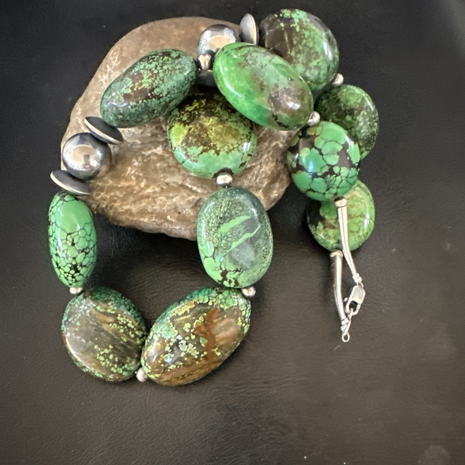 Green Turquoise Nugget Navajo Pearls Sterling Silver Necklace 19533