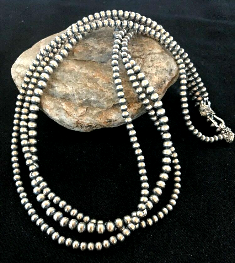 Native American 4, 5, 6 mm Sterling Silver Beads 3 Strand 36” Necklace