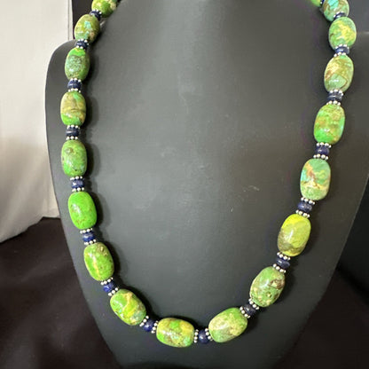 Green Turquoise Lapis Nugget Southwestern Sterling Silver Necklace 22" 19249