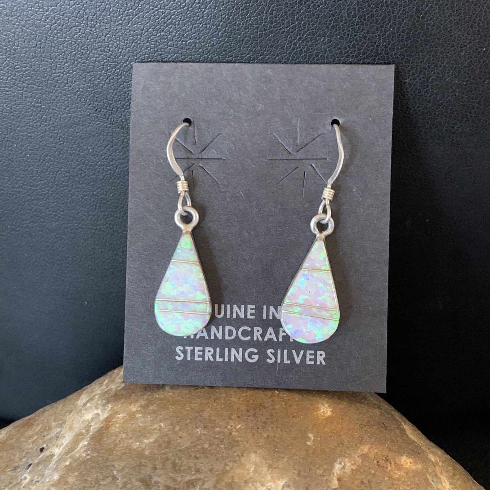 Womens White Opal Inlay Navajo Sterling Silver Dangle Post Earrings 0.5" 12770