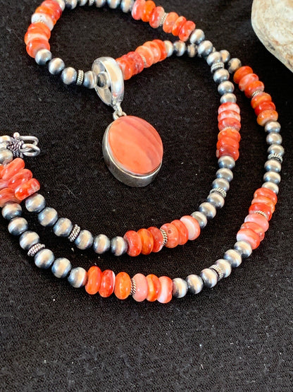 Native Men’s Red Spiny Oyster Pendant Navajo Sterling Silver Necklace 08820