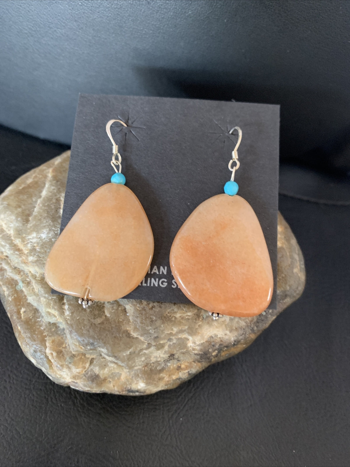 Womens Navajo Tan Jasper Blue Turquoise Sterling Silver Earrings 2" 13101