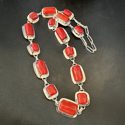 Handmade Women Red Coral Choker Necklace Pendant Sterling Silver 20” 18411