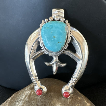 Tufa Cast Navajo Sterling Silver Blue Kingman Turquoise Coral Naja Pendant 19355