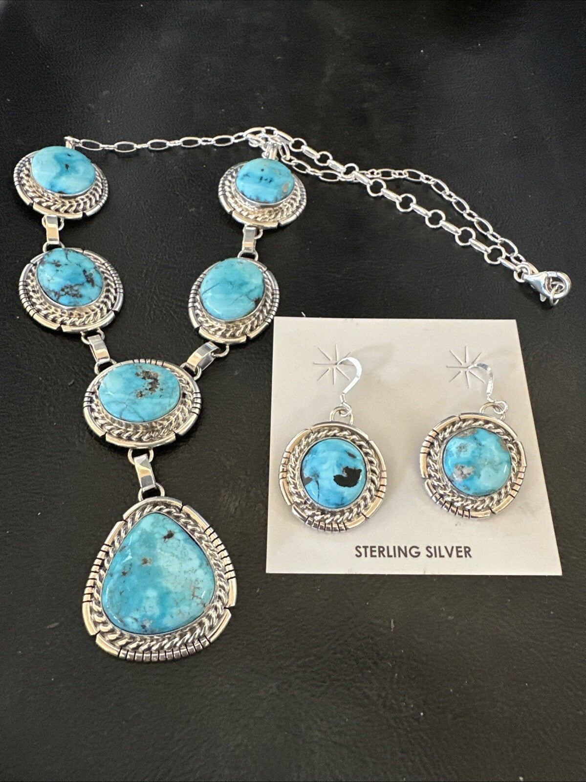 New Women Blue Kingman Turquoise Necklace Earrings Sterling Silver 19” 18620