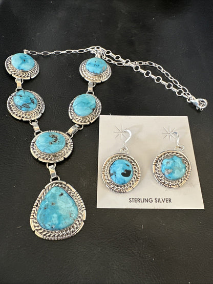 New Women Blue Kingman Turquoise Necklace Earrings Sterling Silver 19” 18620