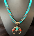 Royston Navajo Blue Turquoise Coral Necklace Naja Pendant | Sterling Silver | Authentic Native American Handmade | 13745