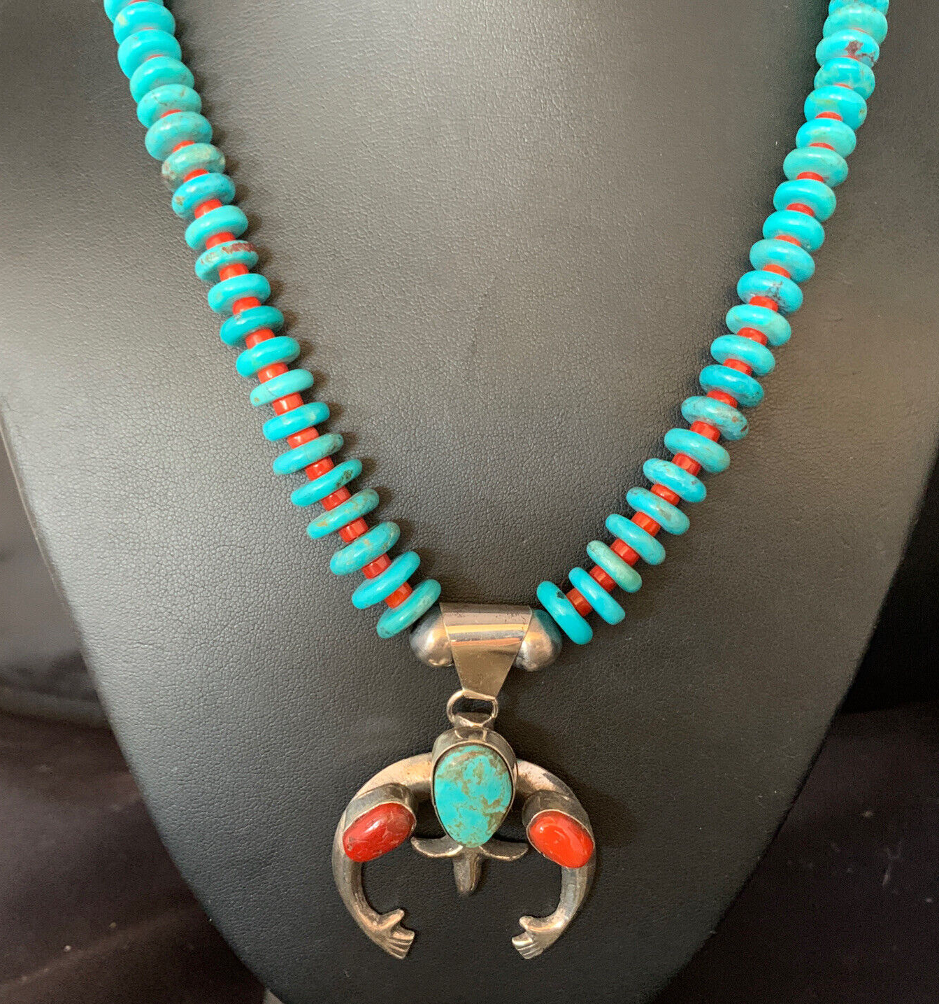 Royston Navajo Sterling Silver Blue Turquoise Coral Necklace Naja Pendant 13745