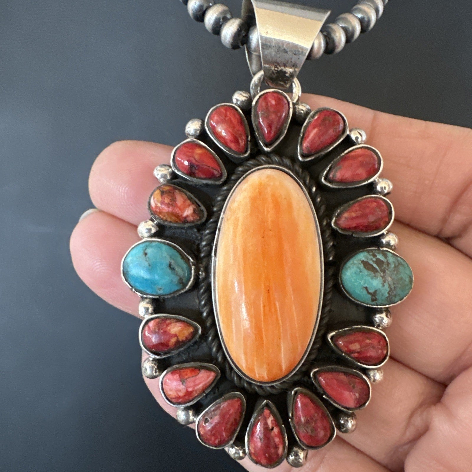 Multicolor Turquoise Spiny Navajo Sterling Silver Cluster Pendant Necklace 19564