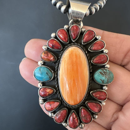 Multicolor Turquoise Spiny Navajo Sterling Silver Cluster Pendant Necklace 19564