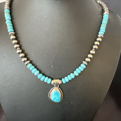 Mens Blue Kingman Turquoise Pendant Navajo Sterling Silver Necklace 21" 18113