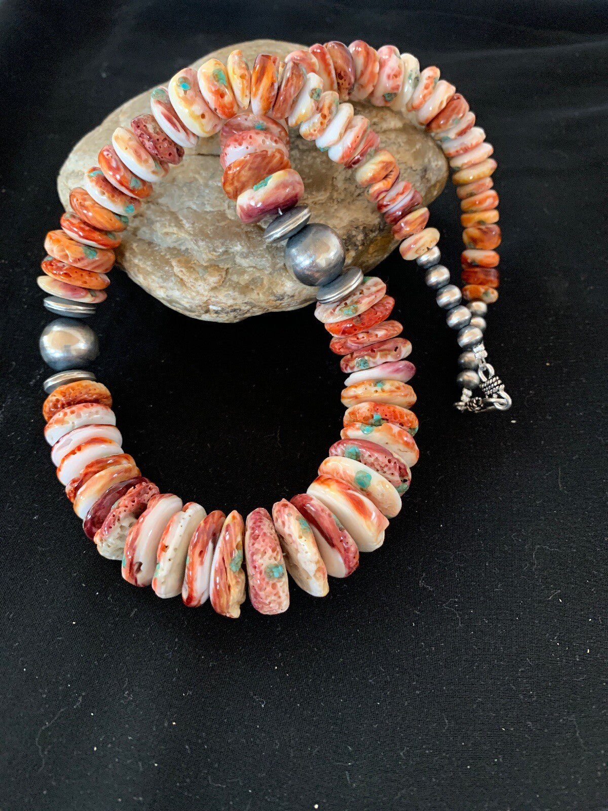 Native Red Spiny Oyster Navajo Pearls Sterling Silver Necklace 20" 03242