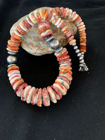 Native Red Spiny Oyster Navajo Pearls Sterling Silver Necklace 20" 03242