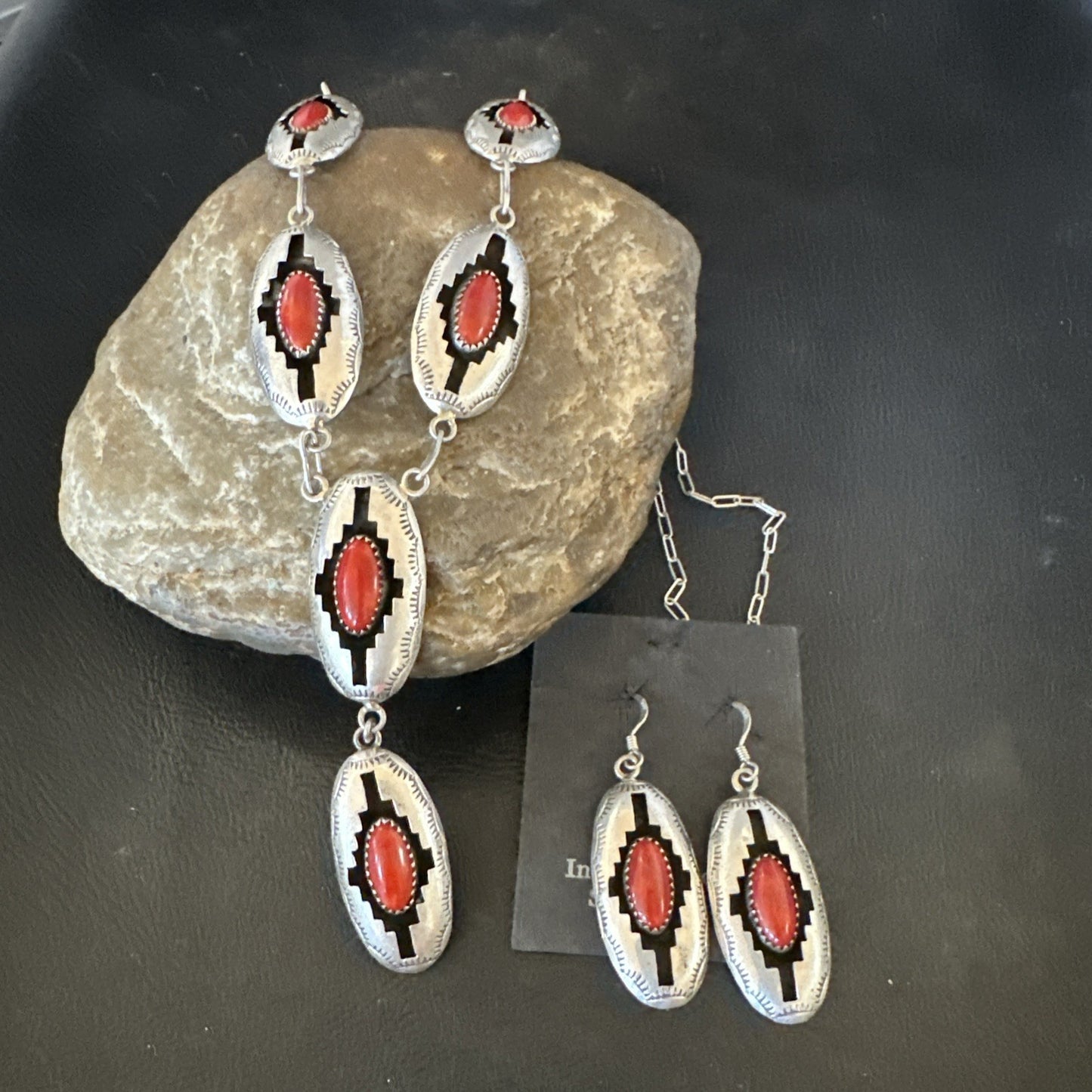 Old Native Navajo Red Coral Sterling Silver Shadowbox Necklace Earrings 18”19101